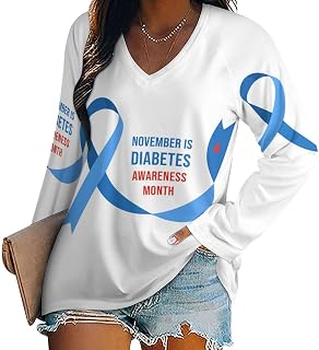 Diabetes Awareness Month Blue Ribbon Women's Long Sleeve Shirt Tops Loose V-Neck Tees Pullover