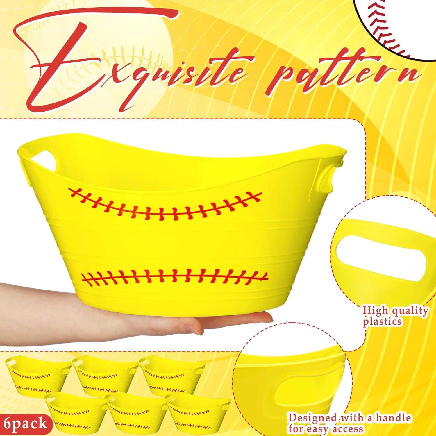 Teenyyou 6 Pcs Yellow Softball Plastic Ice Bucket Drink Cooler Bulk 4.5l Oval Storage Basket Tub with Handles for Summer Sport Birthday Party Decoration Supplies