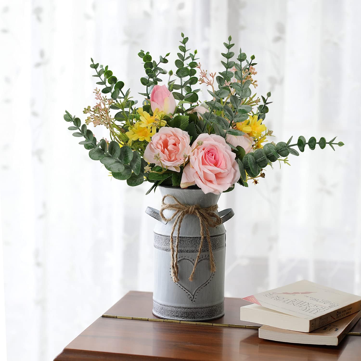 LIBWYS Metal Flower Vase Milk Can Rustic Style with Rose & Eucalyptus Shabby Chic Metal Vase for Rustic Home Dining Table Centerpieces Decor (Pink, 1)