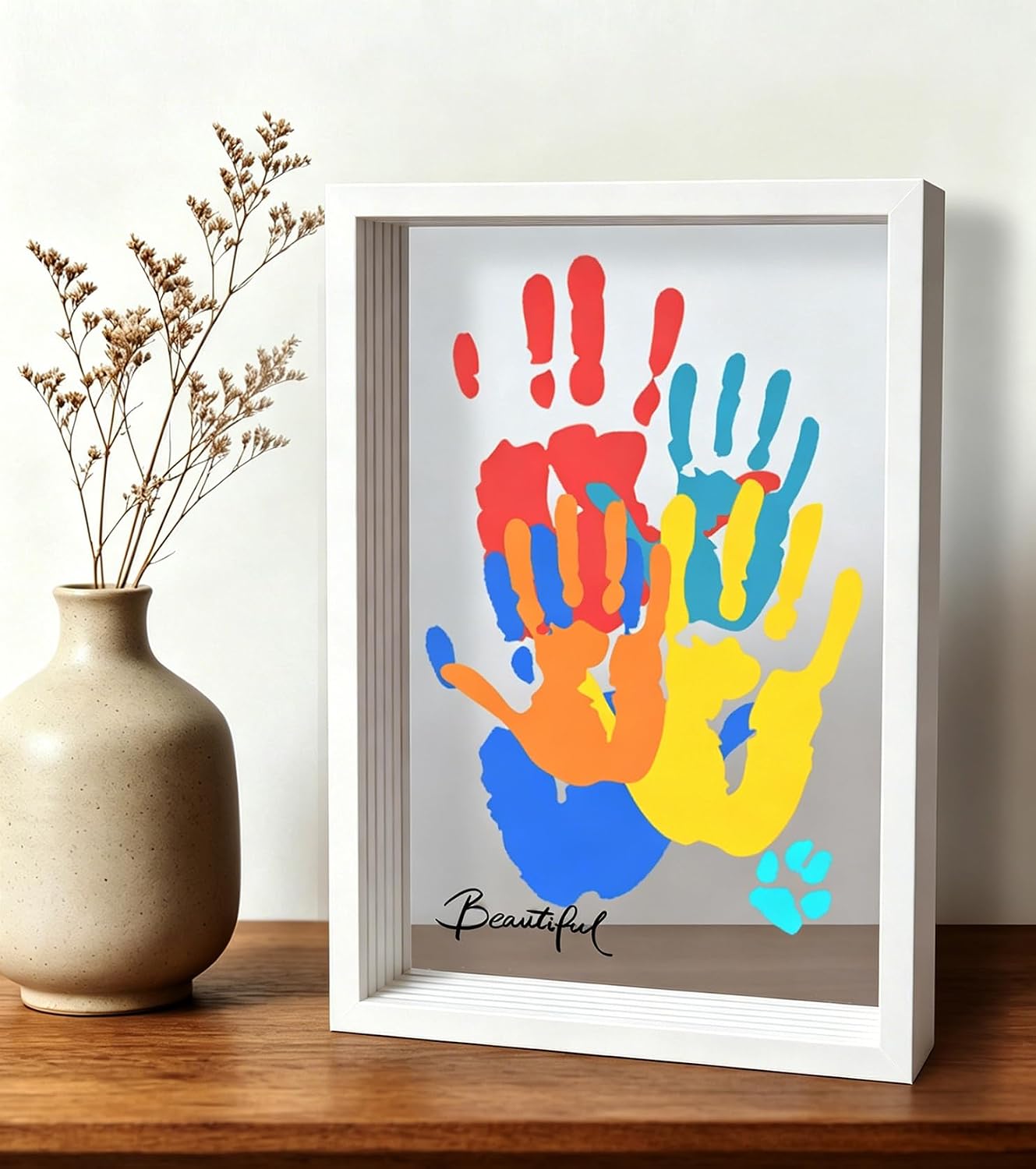 Family Handprint Kit with 5 Clear Acrylic Sheets, 12.3x8.7" Wooden Handprint Frame Kit for 5 Family Members or Pets, Unique Keepsake with 7 Non-Toxic Paints & Marker, Meaningful DIY Personalized Gift