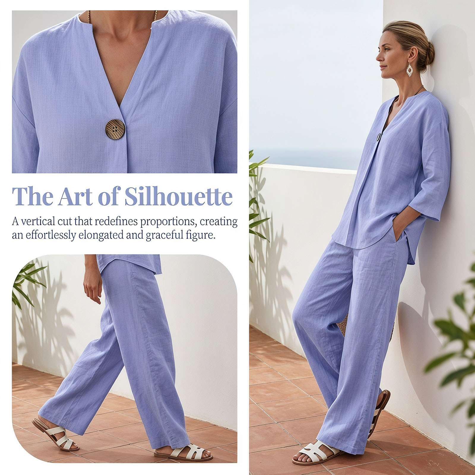 Completo Donna Estivo Boho Tuta Set 2 Pezzi Effetto Lino Pantaloni Larghi e Top Scollo a V 3/4 Tute Casual Mare Vacanza Co-ord Cotone Leggero Outfit Elegante