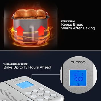 CUCKOO Bread Maker Machine with 15 Menu Options + 3 Crust Colors, 2 lbs Bread Machine with Automatic Fruit & Nut Dispenser, Includes 6 Accessories, Ideal Breadmaker for Sourdough (CBM-AAB101S)