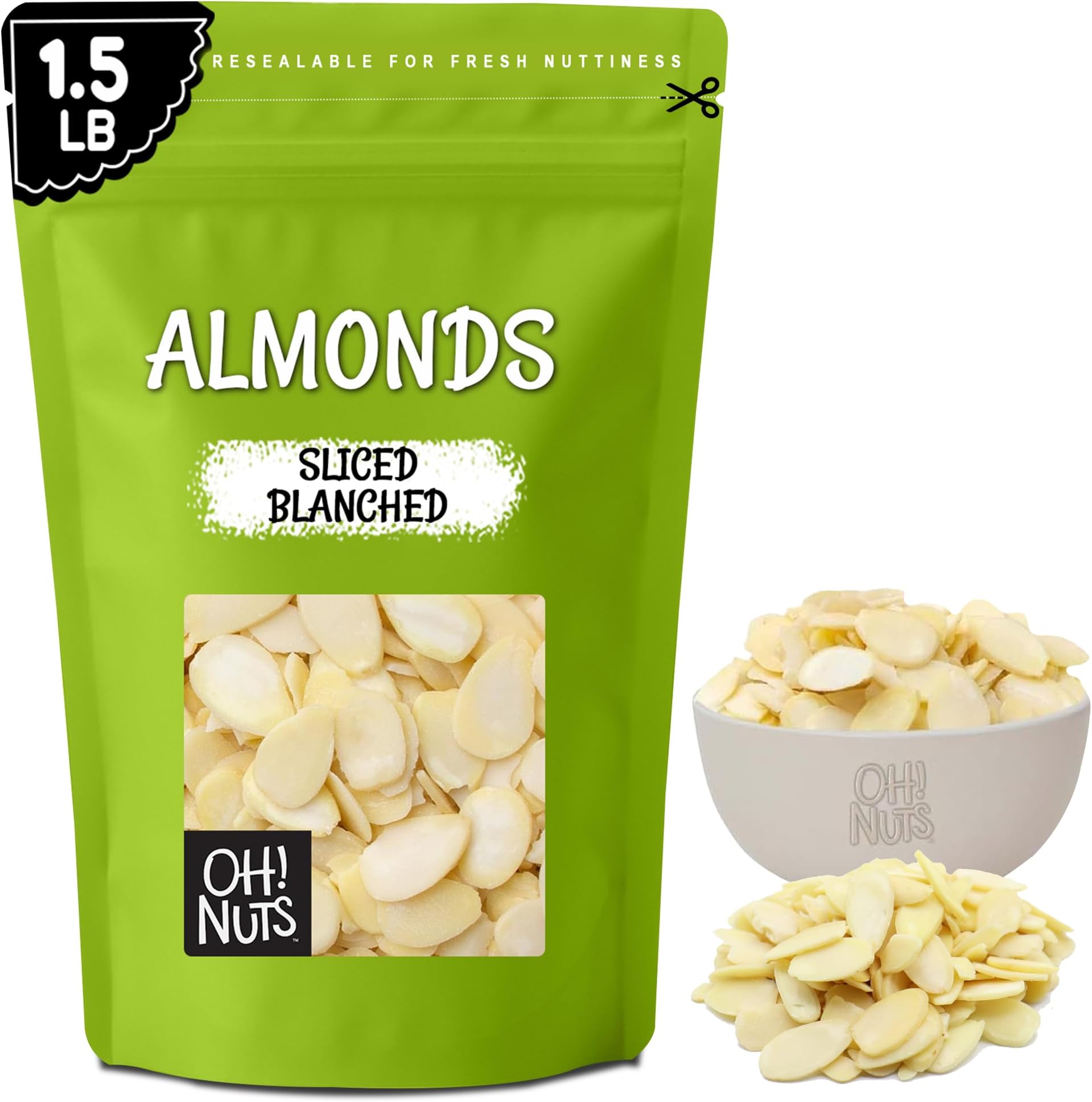 Oh! Nuts Almonds Blanched Sliced - Raw - 100% Natural - 1.5 lb - High-Protein Almonds - Packed in New York Zip-Seal Bag for Exceptional Freshness