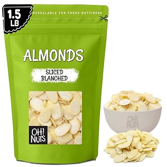 Oh! Nuts Almonds Blanched Sliced - Raw - 100% Natural - 1.5 lb - High-Protein Almonds - Packed in New York Zip-Seal Bag for Exceptional Freshness
