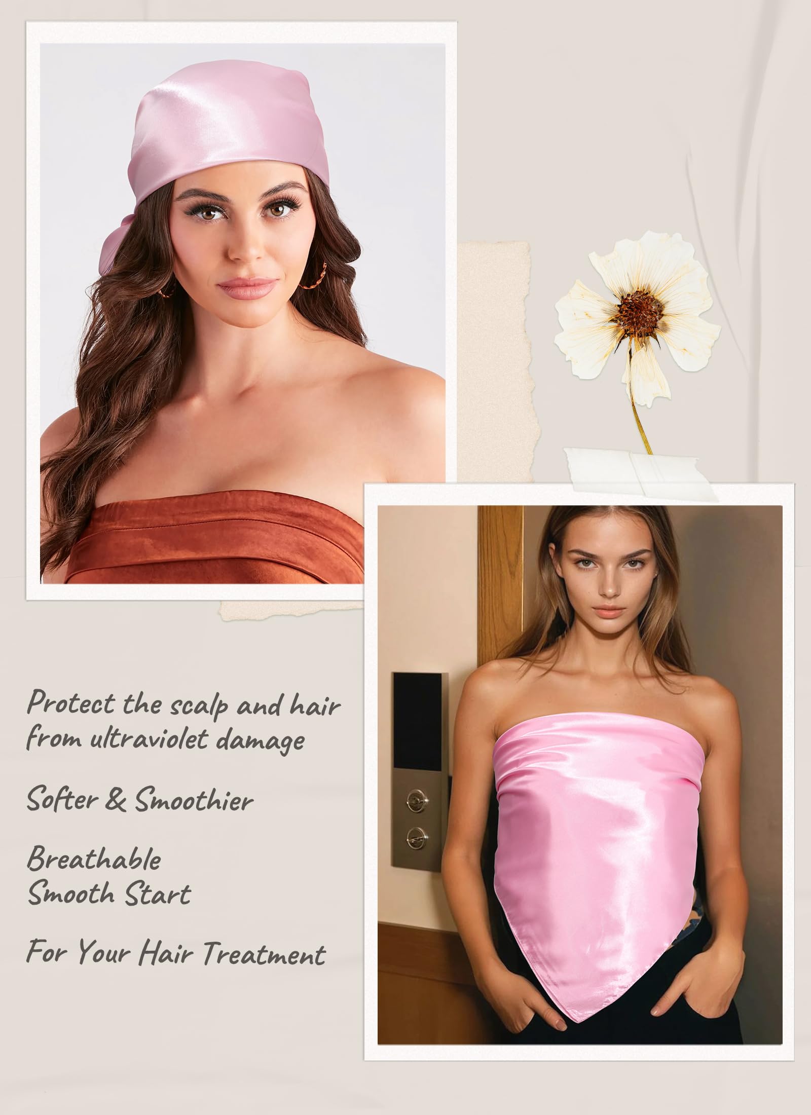 Bufanda grande de 35 pulgadas para la cabeza para mujer, bufanda de satén para la cabeza, 2 unidades, bufanda cuadrada de seda para el cabello, bufanda para el cuello, Rosa+rosa claro 4