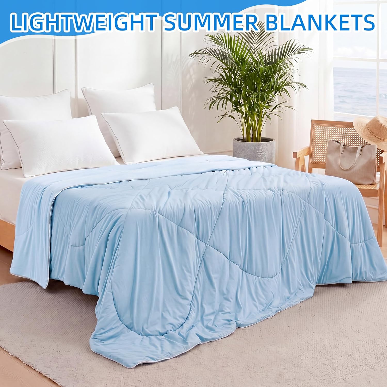 Cooling Comforter Queen Size with Storage Bag, 90" x 90" Cooling Blanket for Hot Sleepers and Night Sweats Blue Summer Comforter Breathable Lightweight Soft Silk Smooth Cold Blanket