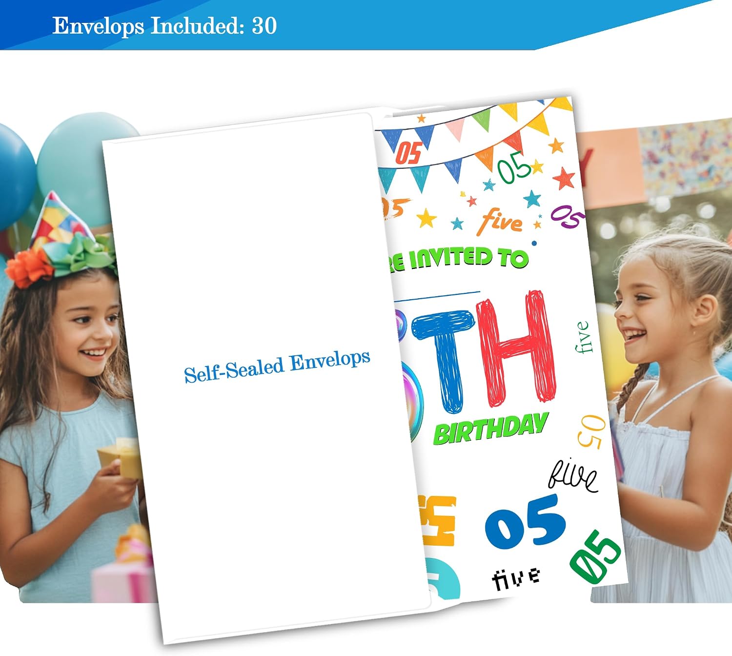 5th Birthday Invitations for Boys, Girls, Number 5 Birthday Party Invitaions for Fifth Party Invites, 4x6 Inches, 30 Sets with Envelopes