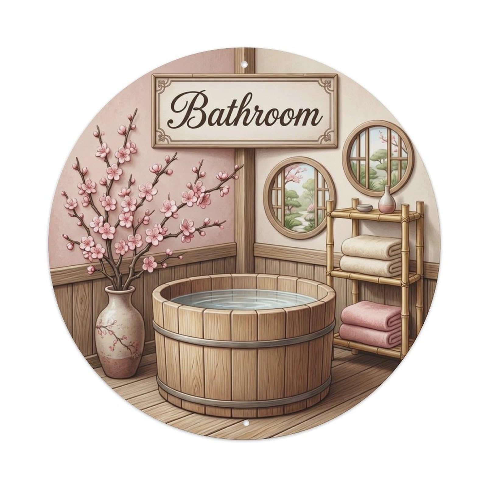 Yrnq Vintage Style Bathroom Cherry Blossom Spa Decor Vintage Metal Tin Sign Plaque Wall Decor For Cafe, Club, Garden Round Metal Poster 8X8inch