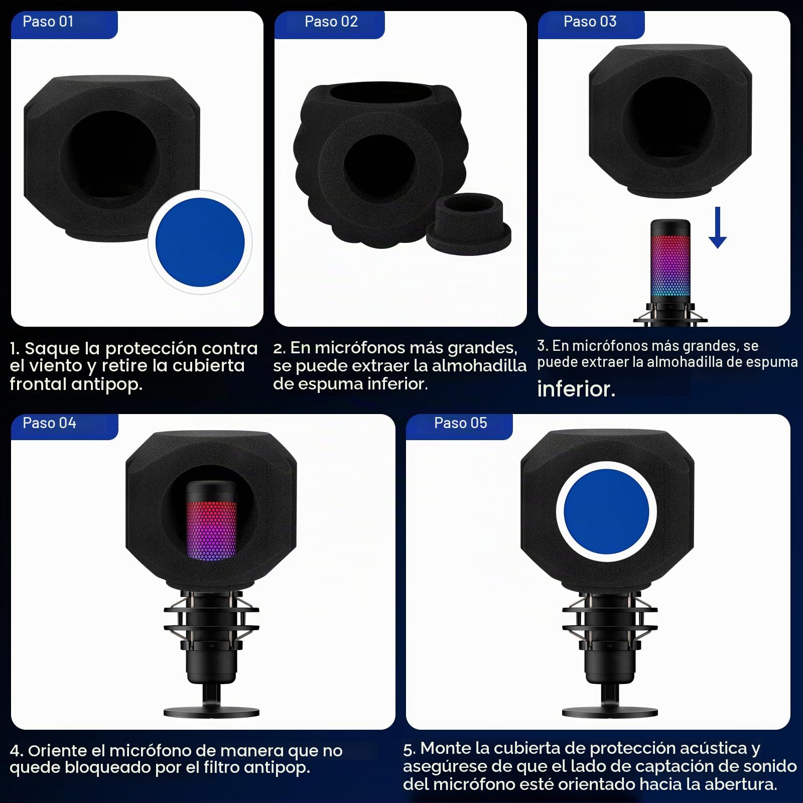 GDPONRM Pantalla Antiviento para Micrófono Filtro Pop Bola de Aislamiento, Acústica para Estudios de Grabación Mic, Espuma Absorbente de Sonido Diseño de Sellado de Cinco Lados para Reducir