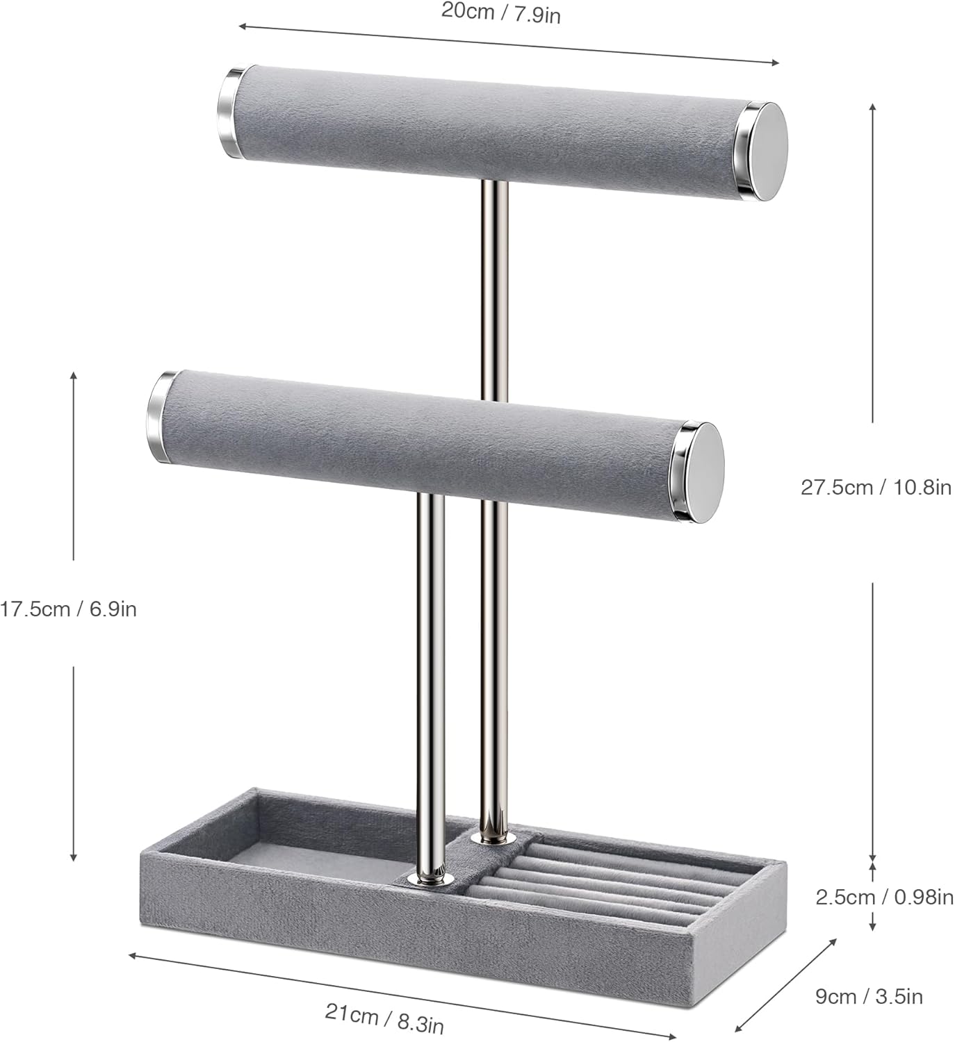 2 Tier Bracelet Holder Display - Detachable T Bar Grey Velvet Bracelet Holder, Jewelry Holder Organizer for Bracelet, Necklace, Earrings, Rings - Image 7
