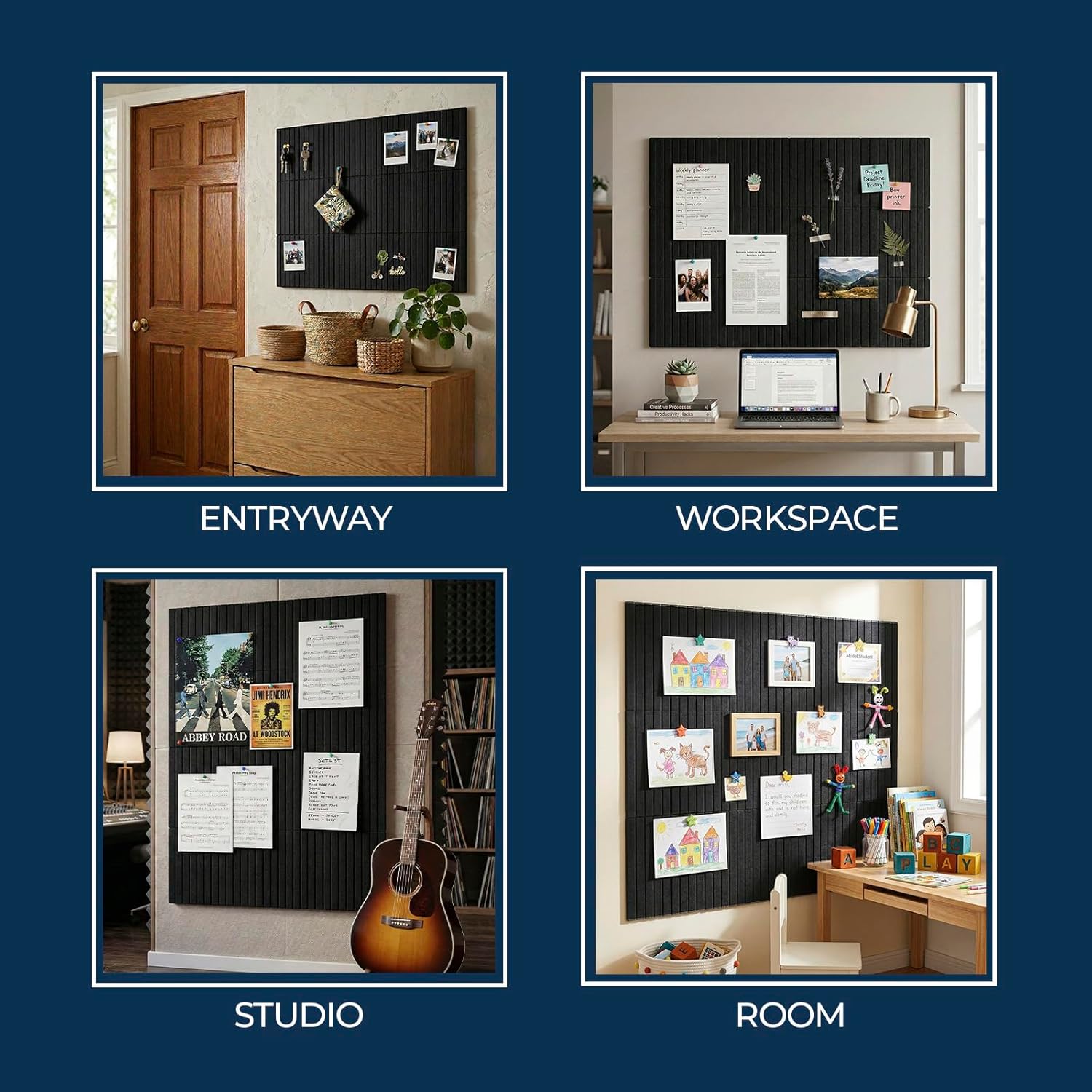 Large Felt Bulletin Board for Wall, 12-Pack 48" x 36" Black Grooved Felt Board with Adhesive Backing, Cork Alternative Memo Pin Board, Acoustic Fabric Tiles for Home Office, Classroom & Wall Decor