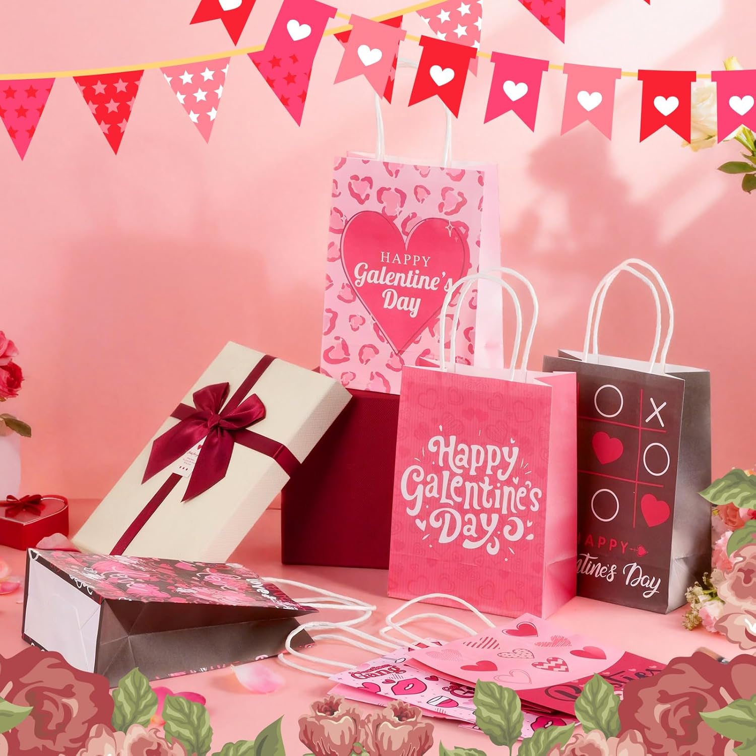 Tosstuki 48 Pcs Galentine's Day Gift Bags with Handle Galentine Paper Goodie Treat Bag Red Pink Heart Kraft Paper Wrapping Bags for Exchange Gift Wedding Party Supplies Favors, 6.2x3.1x8.3 Inch