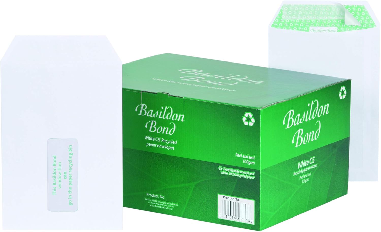 Basildon Bond C5 Recycled White 120gsm Window Peel & Seal Pocket, Box 500 Envelopes,J80119