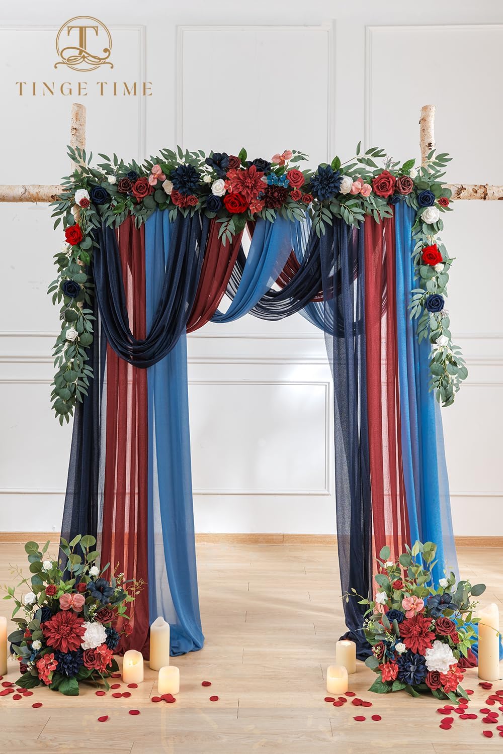 TINGE TIME 9FT Flower Garland with Rose, Handcrafted Eucalyptus Floral Garland for Wedding Sweetheart Table, Wedding Arch Flowers for Backdrop Head Table Decor Ceremony Reception (Red&NavyBlue)