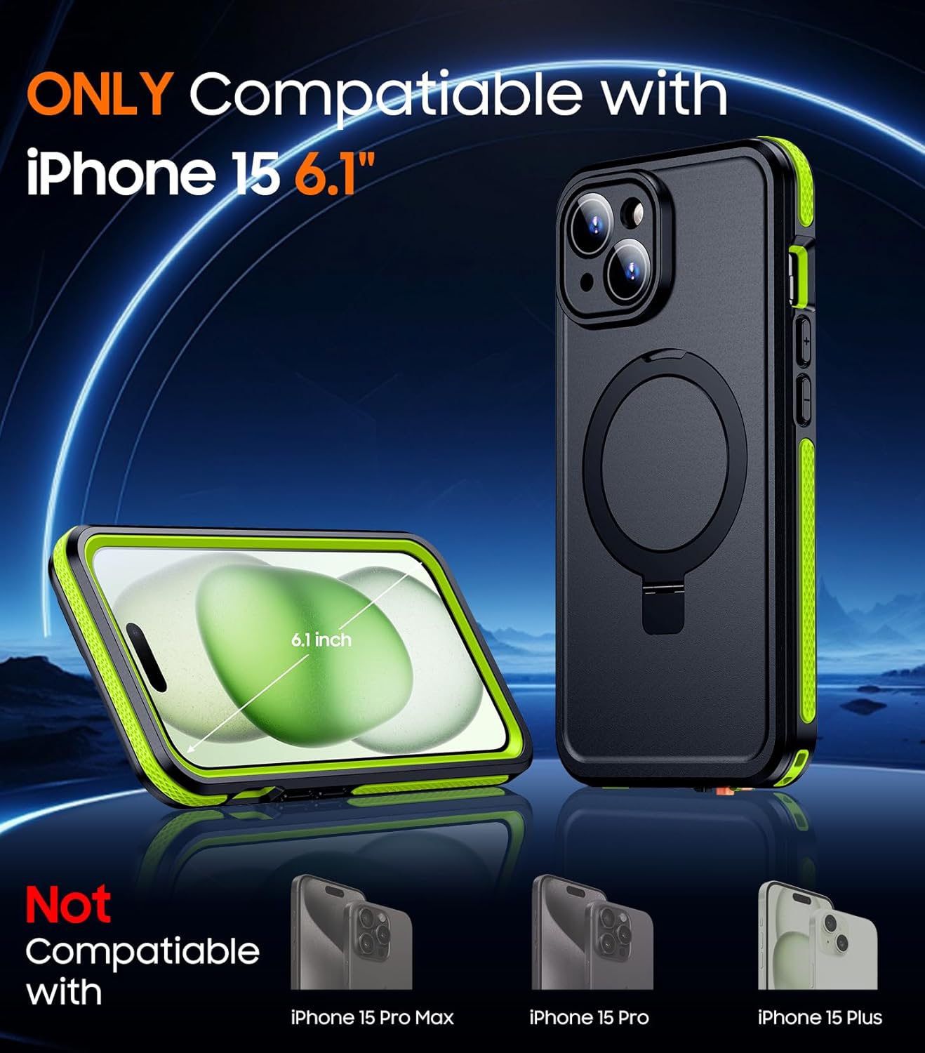 Temdan Magnetic for iPhone 15 Case Waterproof, [Built-in Ring Invisible Stand & Screen Protector][IP68 Underwater][Dropproof][Dustproof][Real 360] Shockproof Protective Phone Case 6.1'' -Green