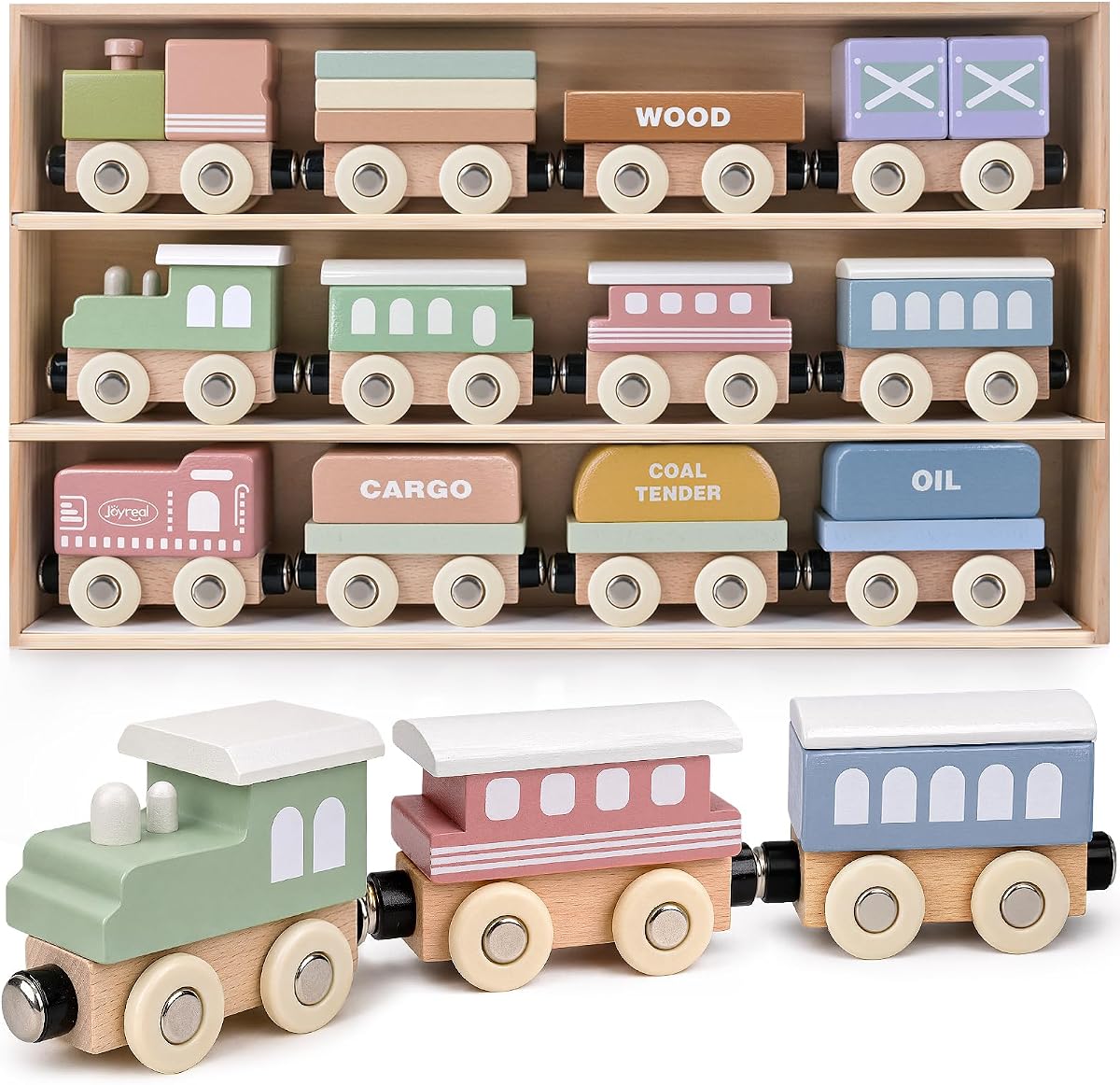 Wooden Train Set for Toddlers, 12PCS Montessori Magnetic Train Cars with Storage Gift Box, Compatible with Major Brands, Wooden Baby Stacking Blocks Toy, Birthday Gift for Boys Girls Ages 1-3 3-5+