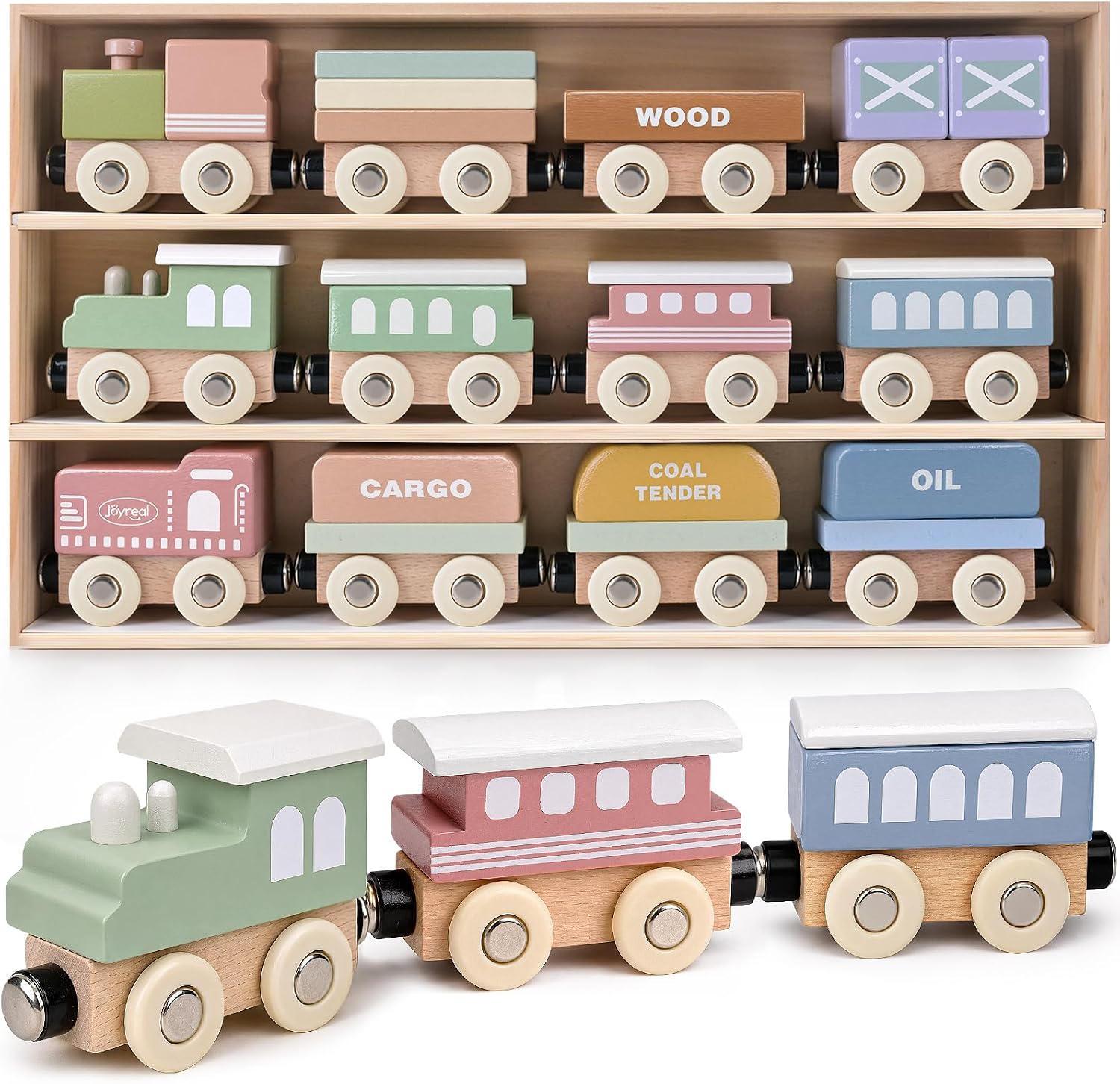 Wooden Train Set for Toddlers, 12PCS Montessori Magnetic Train Cars with Storage Gift Box, Compatible with Major Brands, Wooden Baby Stacking Blocks Toy, Birthday Gift for Boys Girls Ages 1-3 3-5+