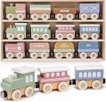 Wooden Train Set for Toddlers, 12PCS Montessori Magnetic Train Cars with Storage Gift Box, Compatible with Major Brands, Wooden Baby Stacking Blocks Toy, Birthday Gift for Boys Girls Ages 1-3 3-5+