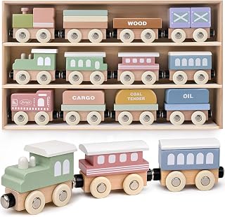 Wooden Train Set for Toddlers, 12PCS Montessori Magnetic Train Cars with Storage Gift Box, Compatible with Major Brands, Wooden Baby Stacking Blocks Toy, Birthday Gift for Boys Girls Ages 1-3 3-5+