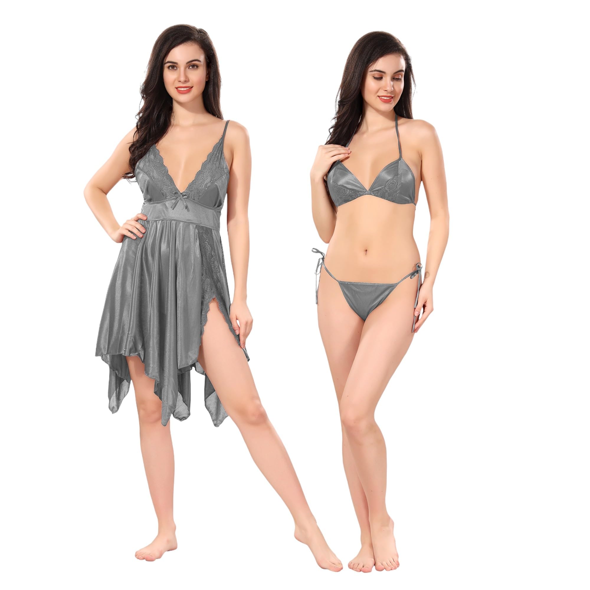 Solid Lace Styled Plain Short Nighty Set with lingirie Set (1 Nighty, 1 Bra & 1 Panty) | & Stylish Night Wear | Women, Wife, Girlfriend-image-31