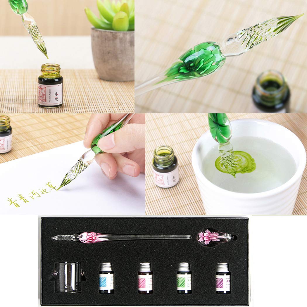 fait à la main cristal verre intarsia dip stylo plume kit calligraphie signatures stylo avec 4 couleurs d'encre, porte-stylo, tasse de nettoyage, rose