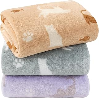 Luciphia 1 Pack 3 Blankets, Cute Cat Printed Fluffy Fleece Pet Blanket for Dogs Cats Washable, Warm Soft Throw Cover for Crate Couch, Gifts Puppy Essentials,Purple/Grey/Khaki, Small (23x16 inch)