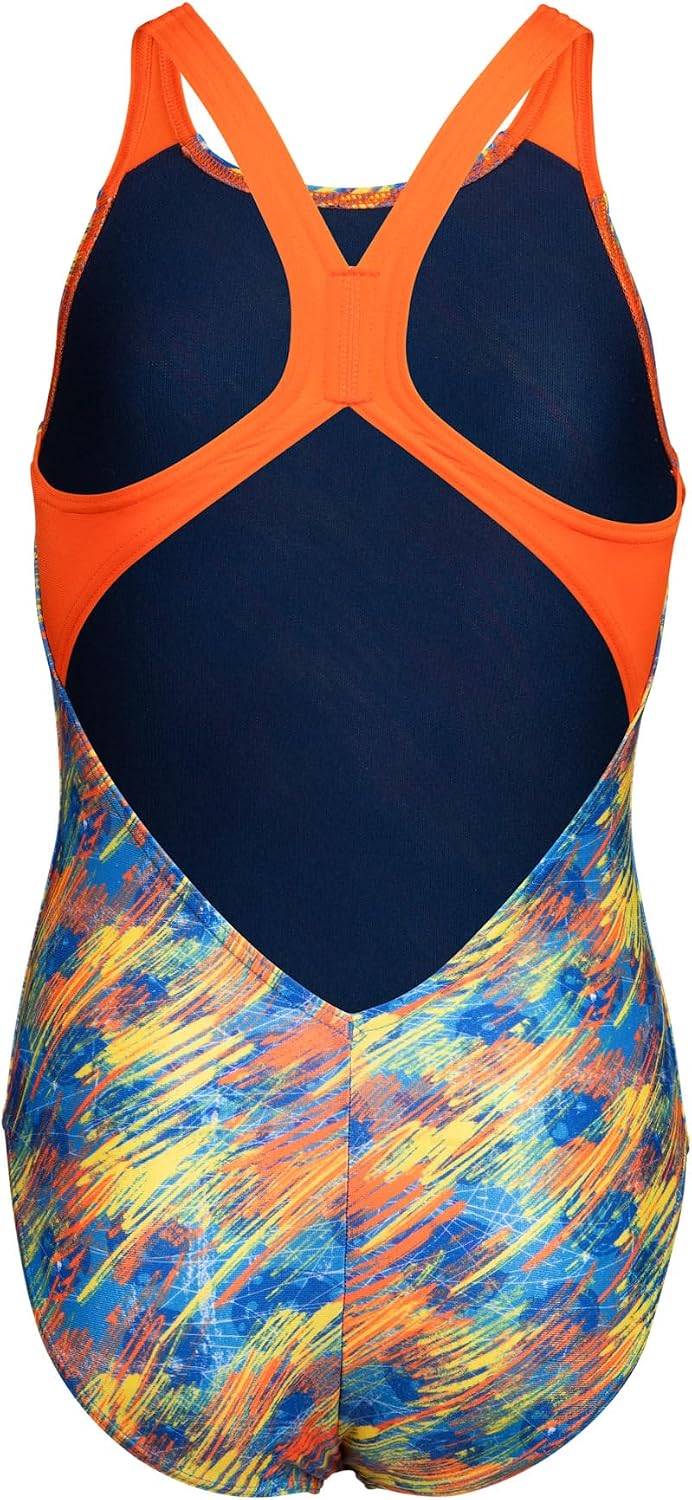 ARENA Performance Girls' Junior Draft V Back Swimsuit Competitive One Piece Easy Wear Youth Bathing Suit Durable Secure Fit Chlorine Resistant, Neon Blue Multi/Team Orange, US Size 14-16 Jr/30