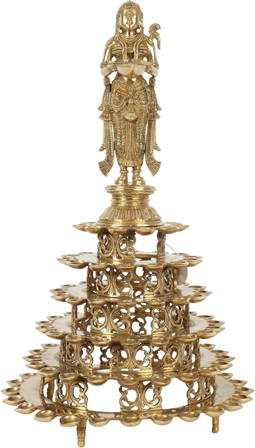 Exotic India 25" Superfine Deep Lakshmi 108 Wicks Oil Lamp | Standing Deeplakshmi Diya Idol for Pooja Room, Home Décor, Diwali, Table Decor Showpiece