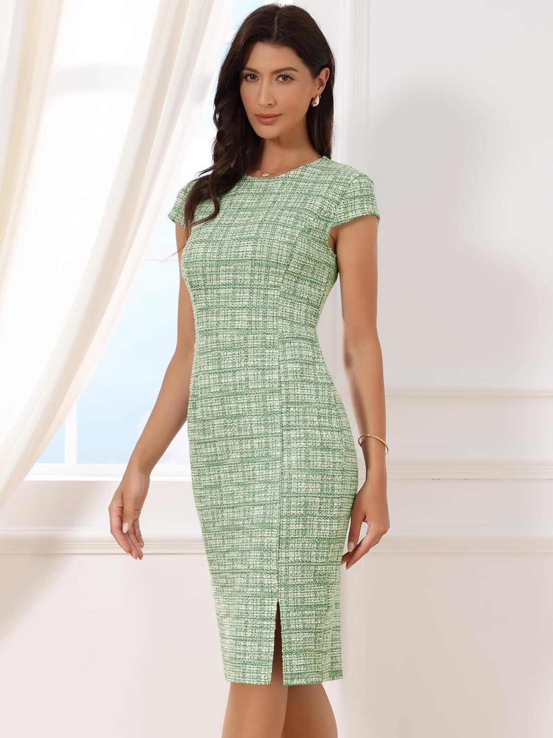 Allegra K Women's Elegant Tweed Dress Crew Neck Cap Sleeve Split Office Work Pencil Dresses