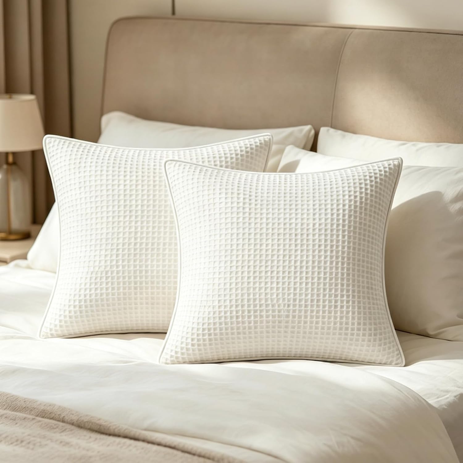 Simple&Opulence 100% Cotton Waffle Euro Sham Covers 2 Pack 26"x26" – Breathable Lightweight Decorative Pillow Cases for Bed, Sofa or Couch – Soft & Skin-Friendly Pillow Covers No Filling, White