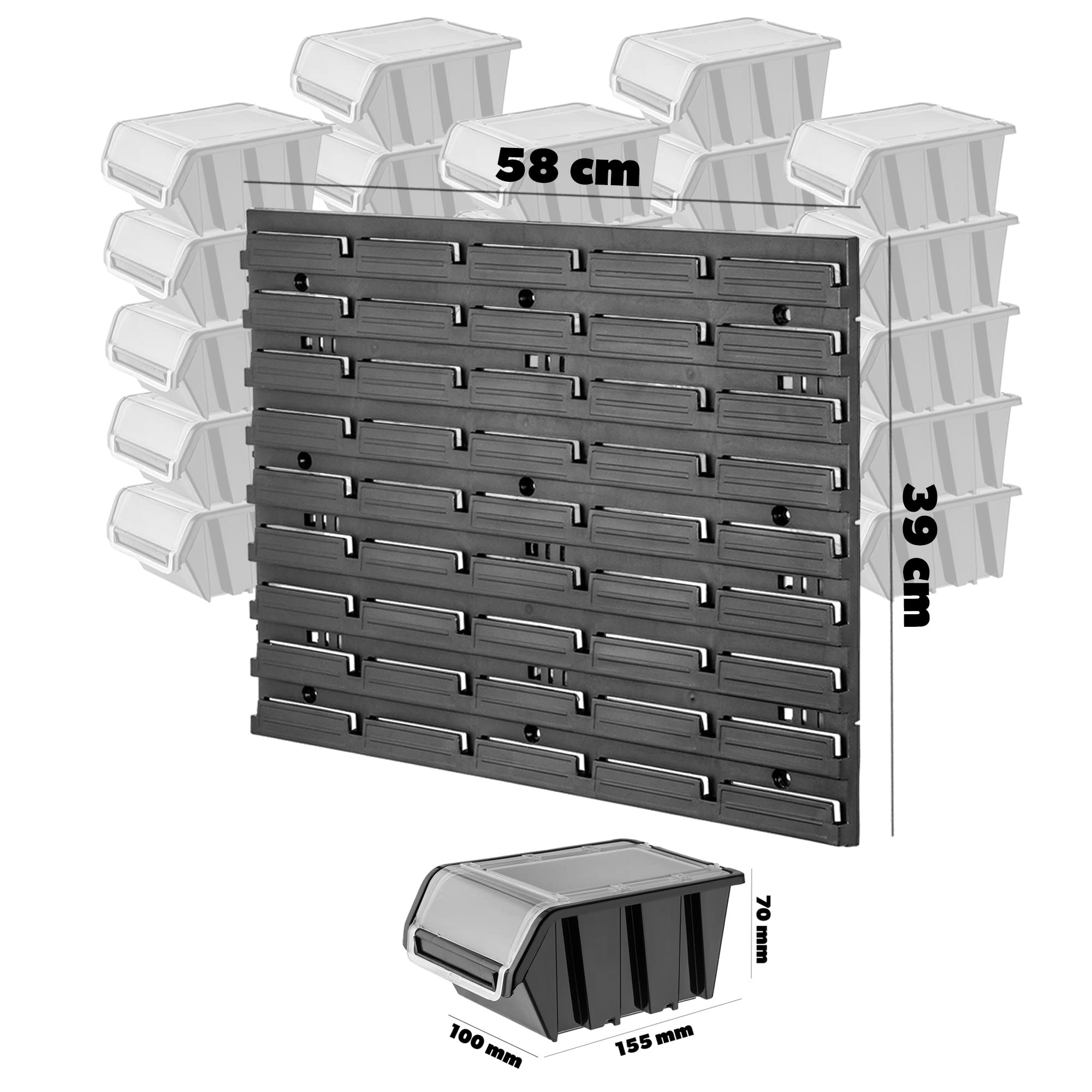 KADAX Étagère Murale Atelier 58x39cm 25 Boîtes Plastique Robuste - Système Stockage Garage Noir