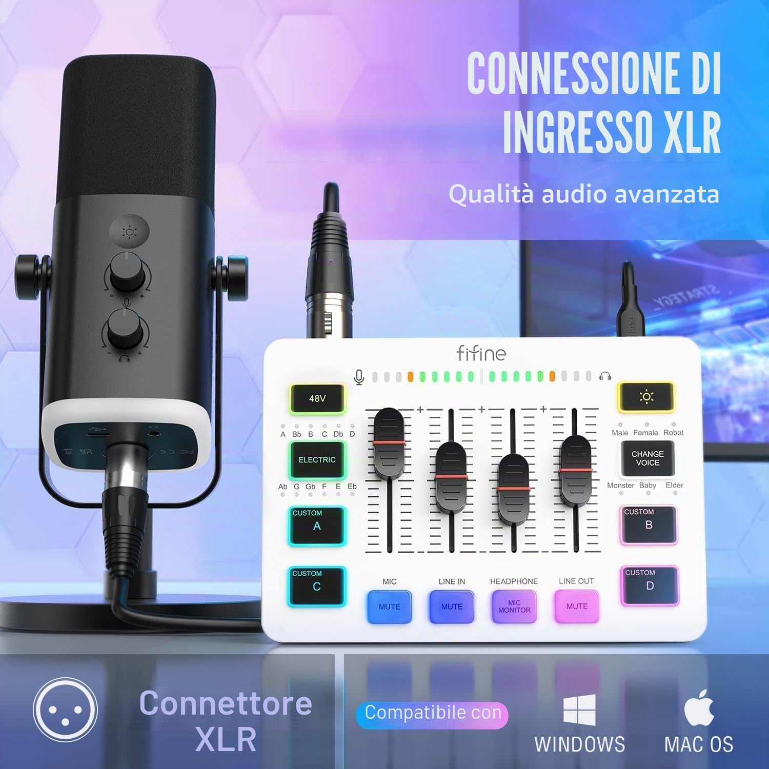 FIFINE Mixer audio da gioco, streaming RGB PC Mixer con interfaccia microfono XLR, controllo individuale, controllo del volume, tasto muto, alimentazione phantom 48 V, per podcast, registrazione,