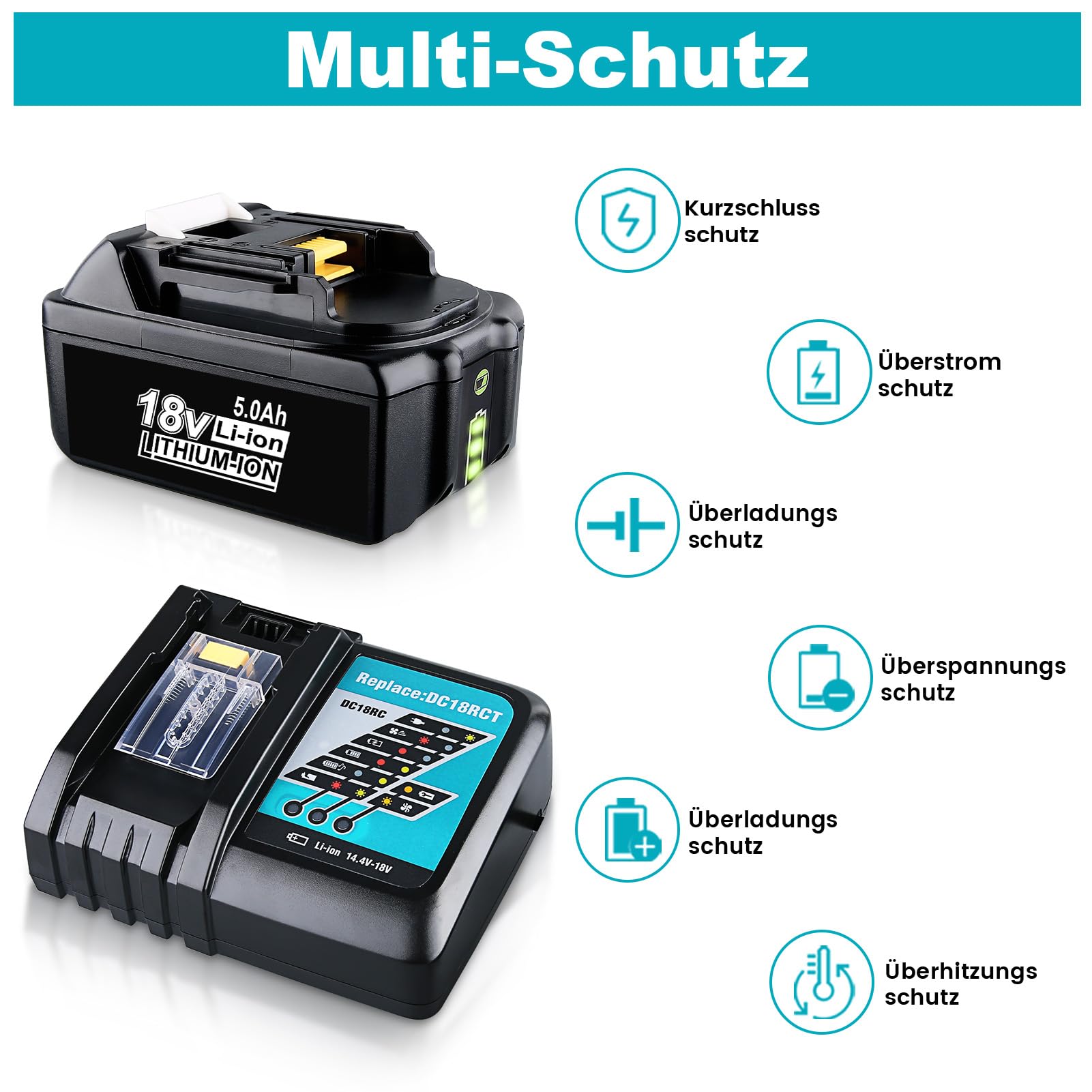 Batería de repuesto BL1860B y DC18RC de 5,0 Ah, 18 V, compatible con batería Makita LXT BL1830 BL1840 BL1850 BL1860 para herramientas de 18 V con indicador LED