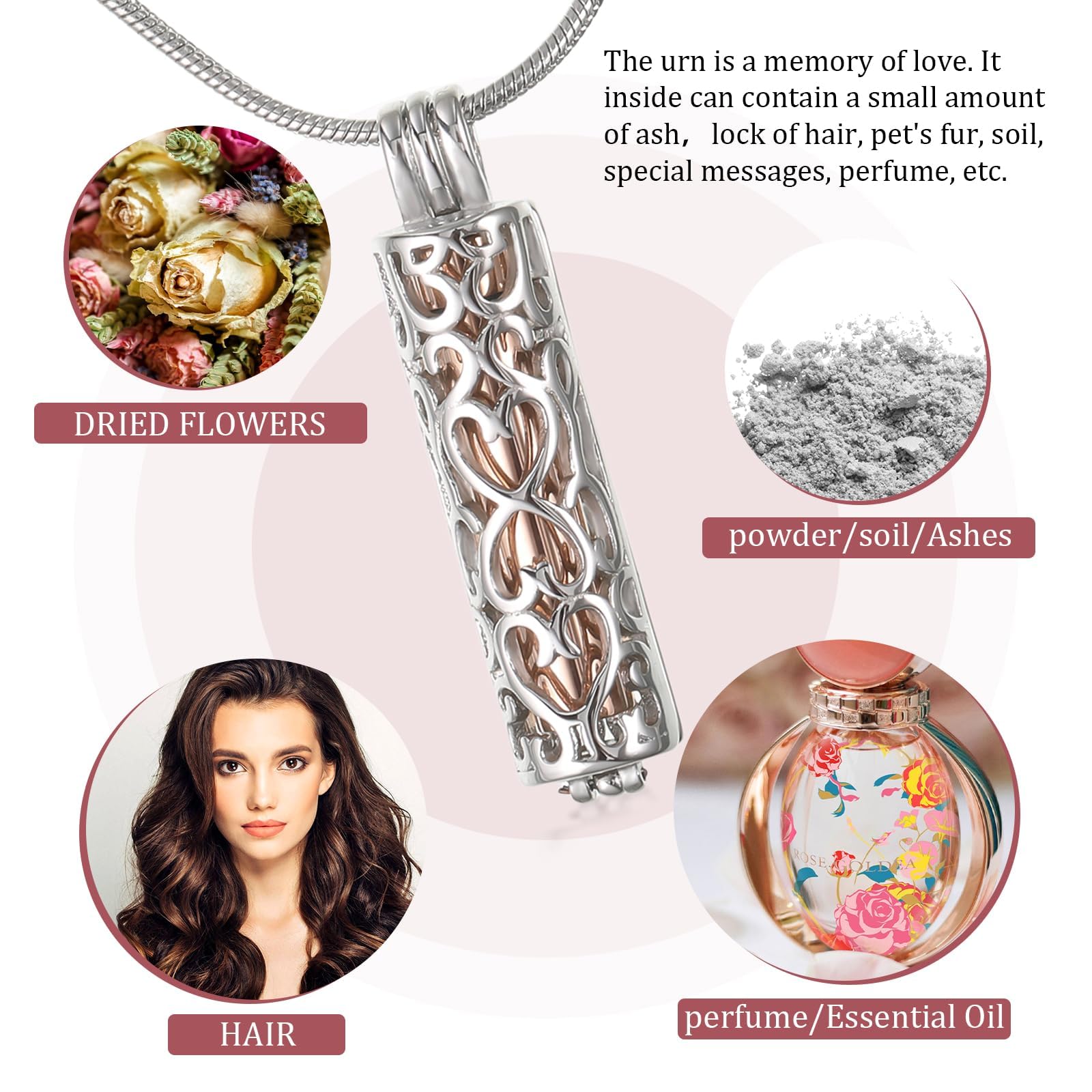 UICCVOKK Urn Necklace for Ashes Pets Ashes, Keepsake Memorial Lockets Ashes Holder for Human Cremation Jewellery For Ashes with Hollow Cylinder Vial Urn Necklace, Memorial Pendant