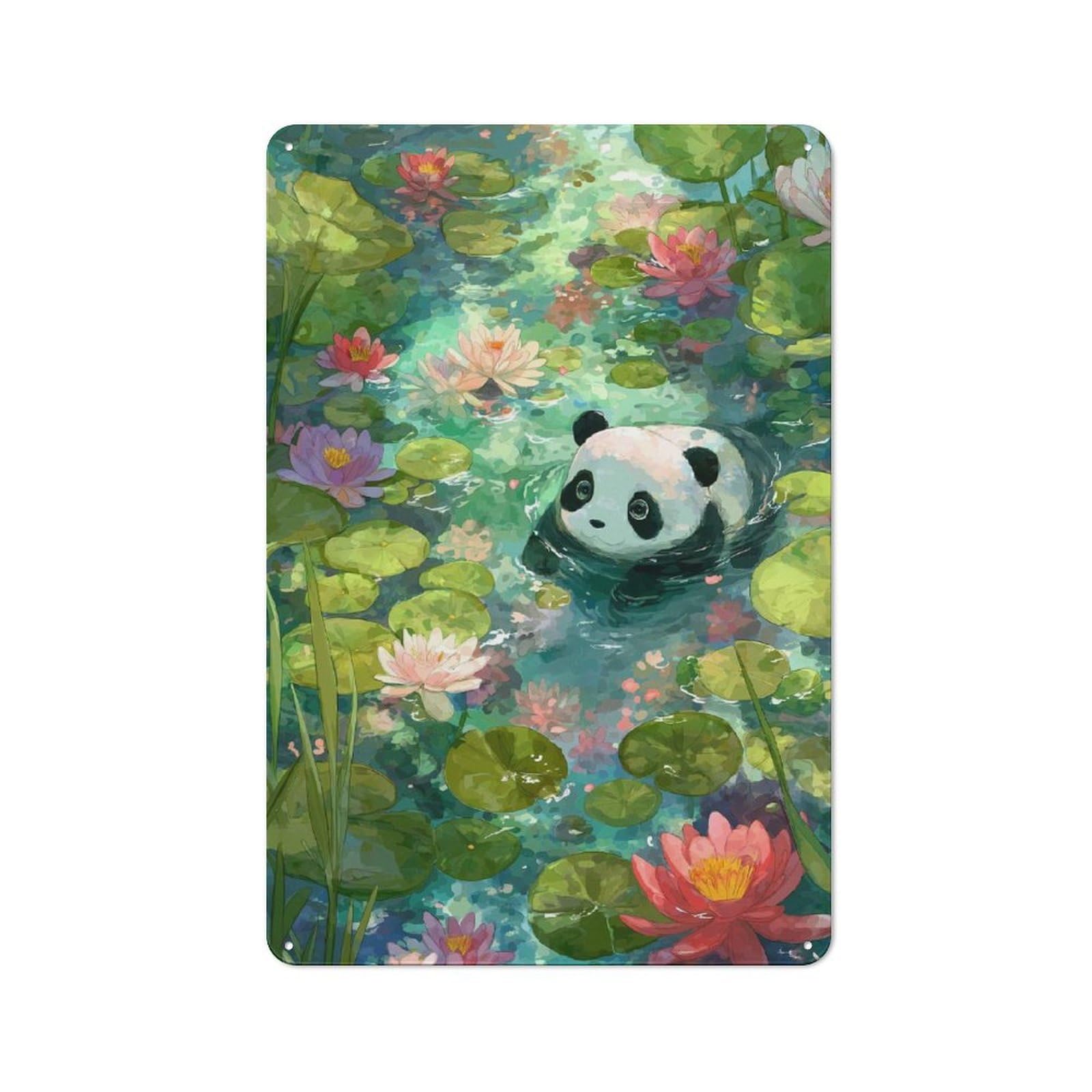 Junmoney Panda In Lily Pond Vintage Metal Plaque 30X20cm For Guest Room Or Hallway, A Decorative Christmas Gift For Guest Room Decorators