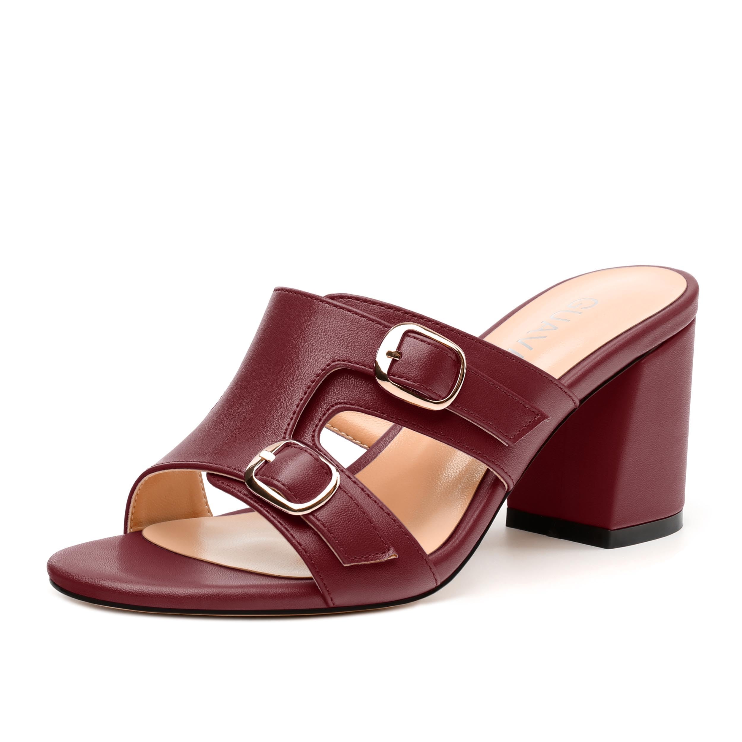 GUAVAIVY Women's Heeled Sandals, Round Open Toe Mid Chunky Heel, Buckle Fashion Slide Sandal for Wedding Party Daily Dressy