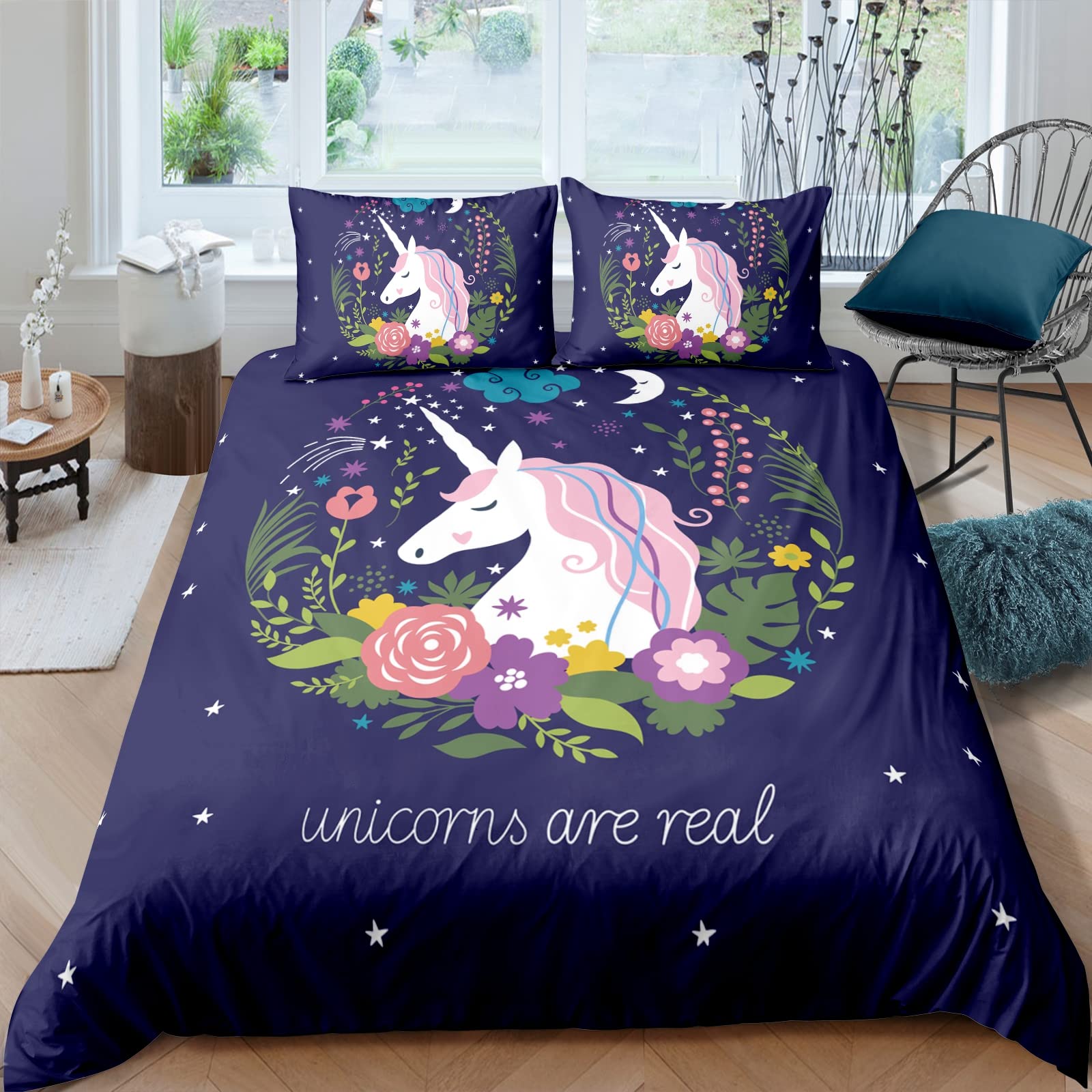 Lunoroey Unicorn Bedding Duvet Cover Set Double Size for Girls Animals Comforter Cover with 2 Pillowcases Ultra Soft Easy Care Microfiber Unicorn Quilt Cover Purple โ image 1