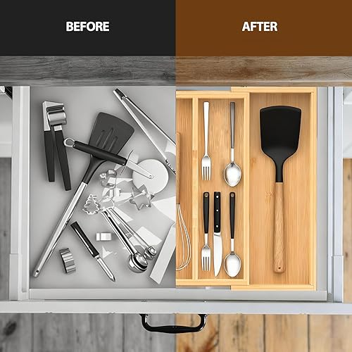 Miniatura 4 de Organizador de cajones de cocina expandible de bambú, soporte ajustable para utensilios y bandeja de cubiertos, organizador de cajones de 3 a 5