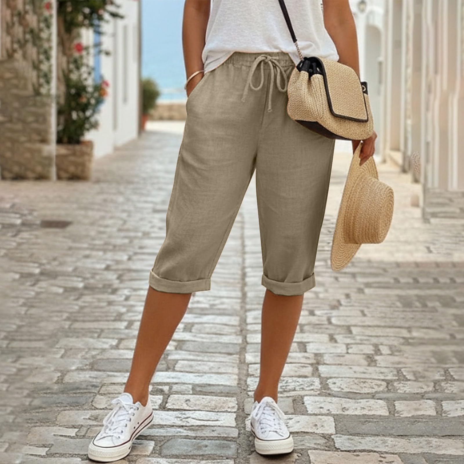 Pantaloni in Lino Donna 3/4 Curvy Pantaloncini Donna Estivi Cotone e Lino Leggeri Vita Alta con Coulisse ed Elastico Shorts Bermuda Larghi Eleganti Casual con Tasche per Spiaggia Sport e Tempo Libero