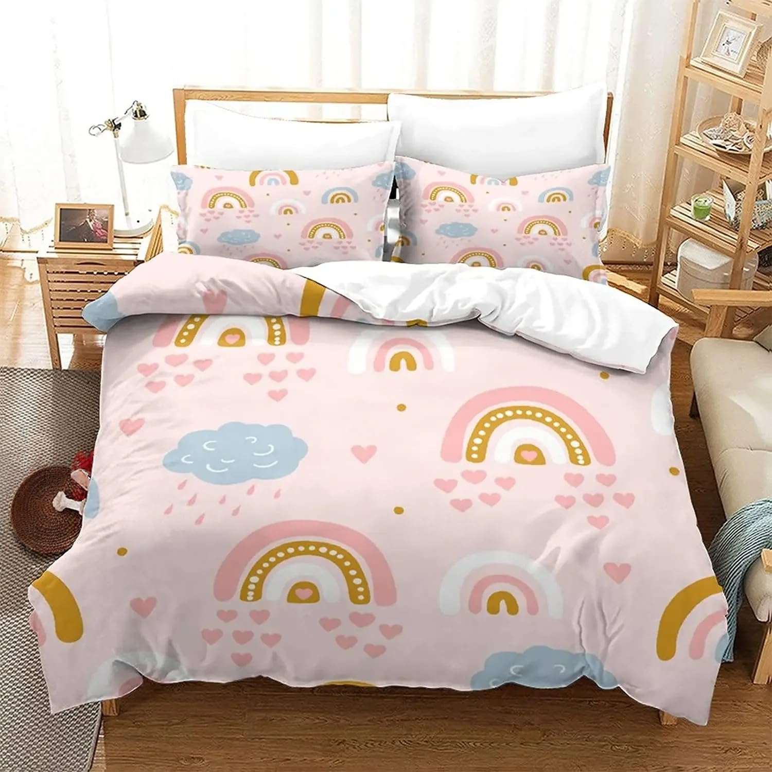 Housse de couette rose 140x200 cm avec cœur et étoiles pour lit simple
