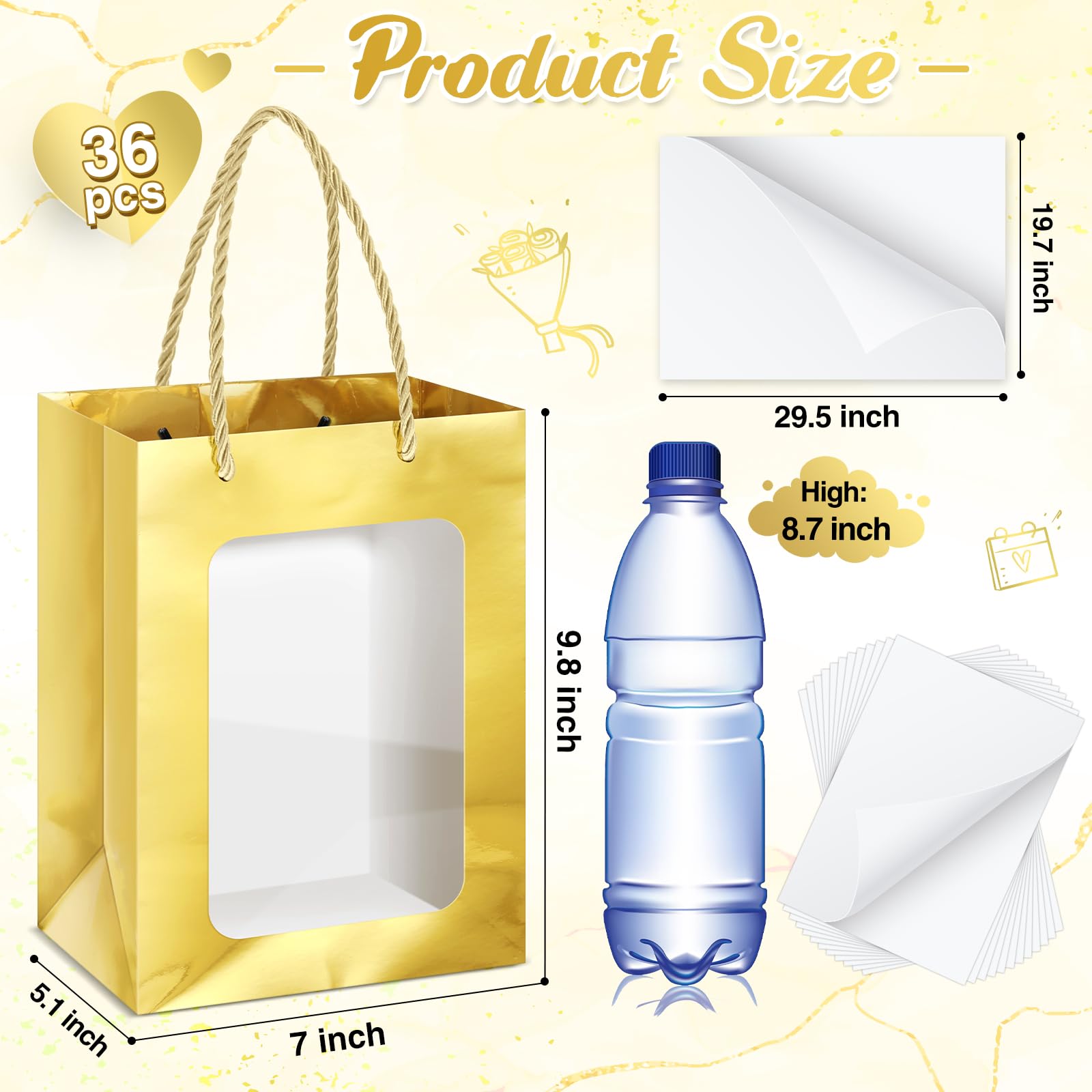 Zhanmai 36 bolsas de regalo transparentes de papel kraft con papel de seda, bolsas de regalo de papel de 10 x 7 x 5 pulgadas con asas transparentes para negocios, compras, bodas, baby shower