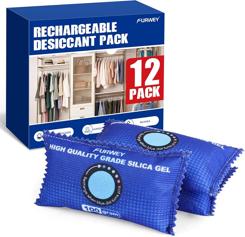FURWEY Paquete de 8 paquetes desecantes recargables para almacenamiento, 100 g cada uno, azul | Paquetes desecantes de gel de sílice con indicación de color, absorbentes de humedad para almacenamiento, bolsa deshumidificadora para armarios, automóviles, contenedores de almacenamiento