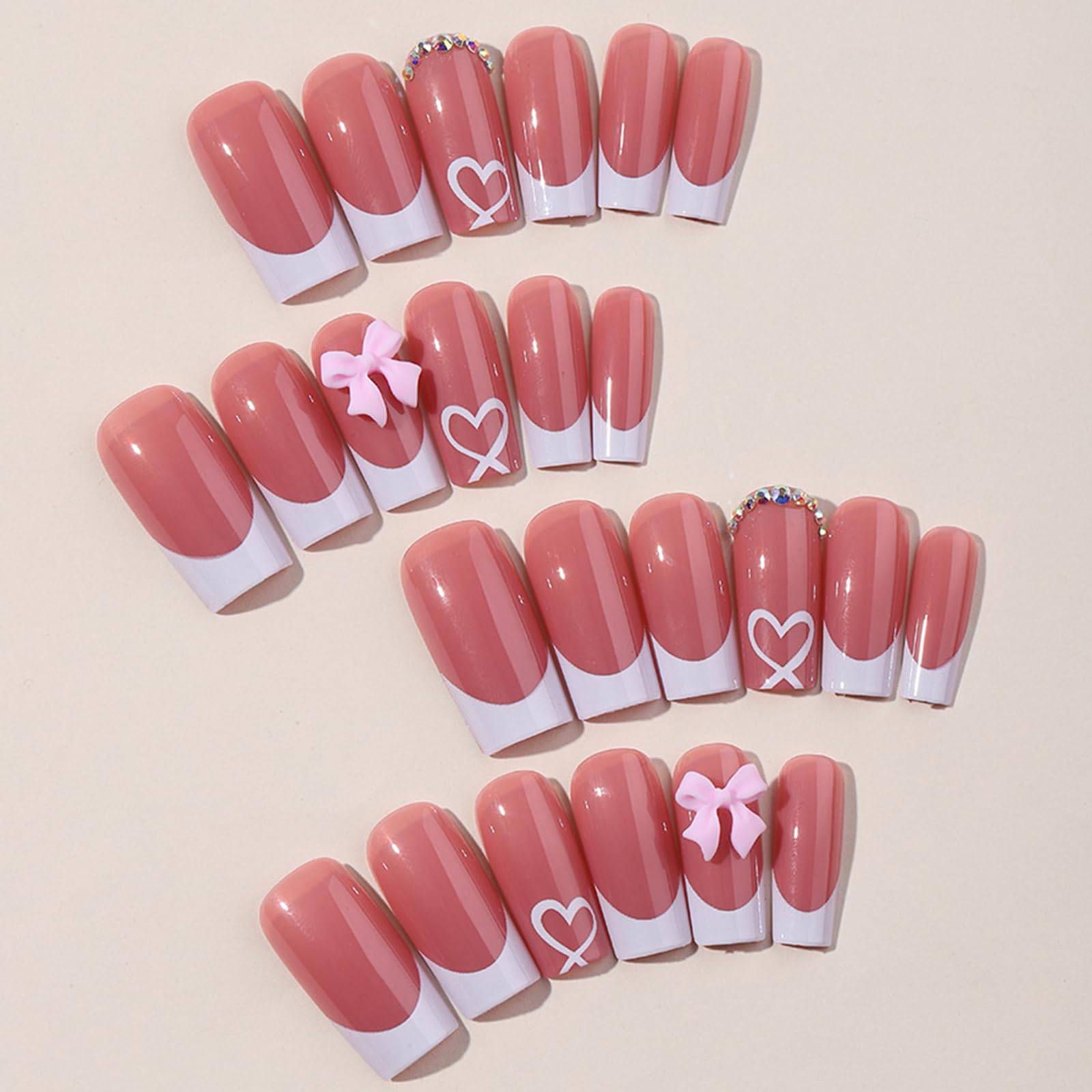 Viugex 24Pcs Pink Press on Nails Long Coffin, White French Tip False Nails with 3D Bow and Love Designs - Image 2