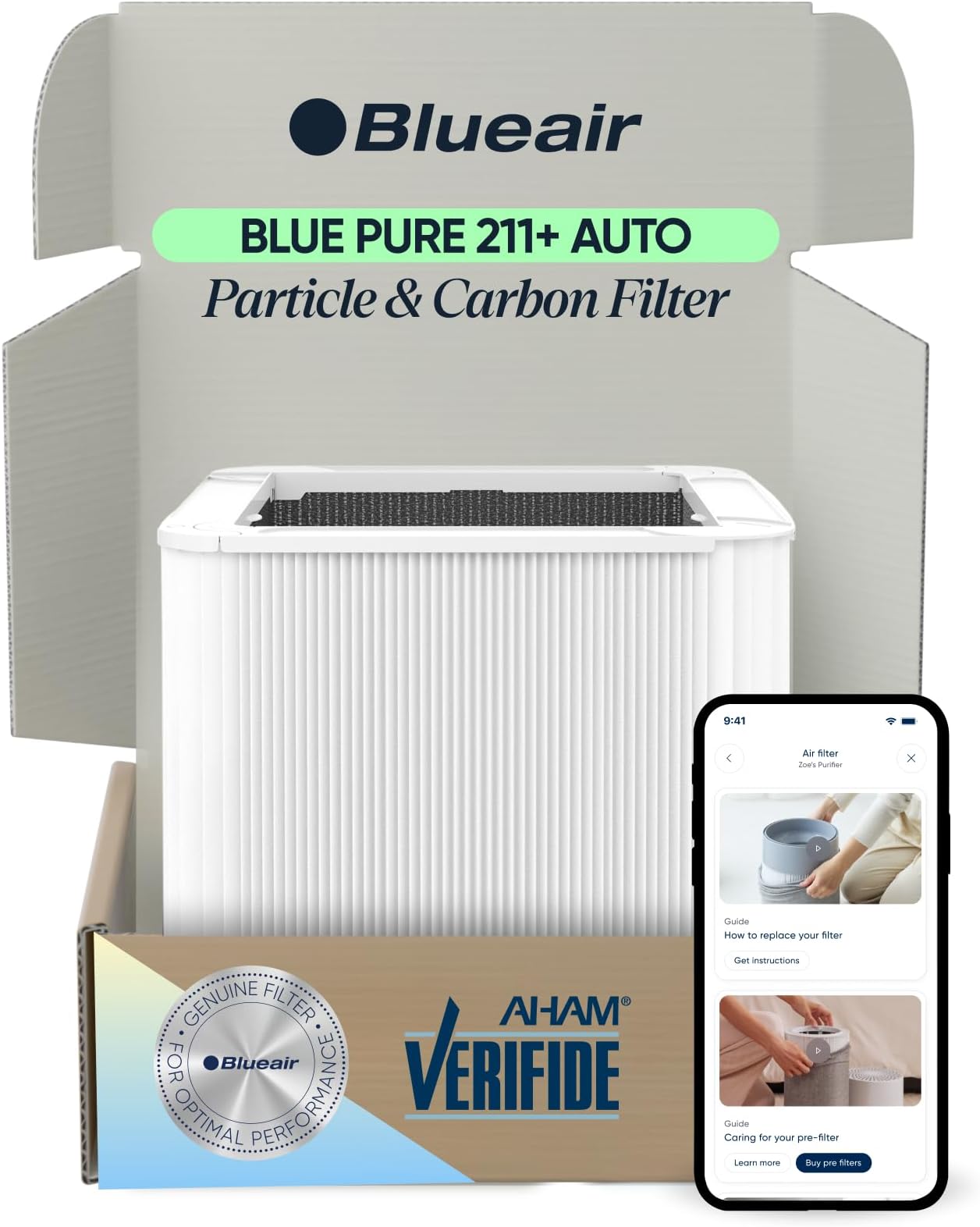 BLUEAIR Genuine Blue Pure 211+ Auto Replacement Filter for Blueair 211+ Auto Air Purifiers - AHAM Certified, HEPASilent Dual Filtration, Removes Particles & Odors, Genuine Carbon Filter