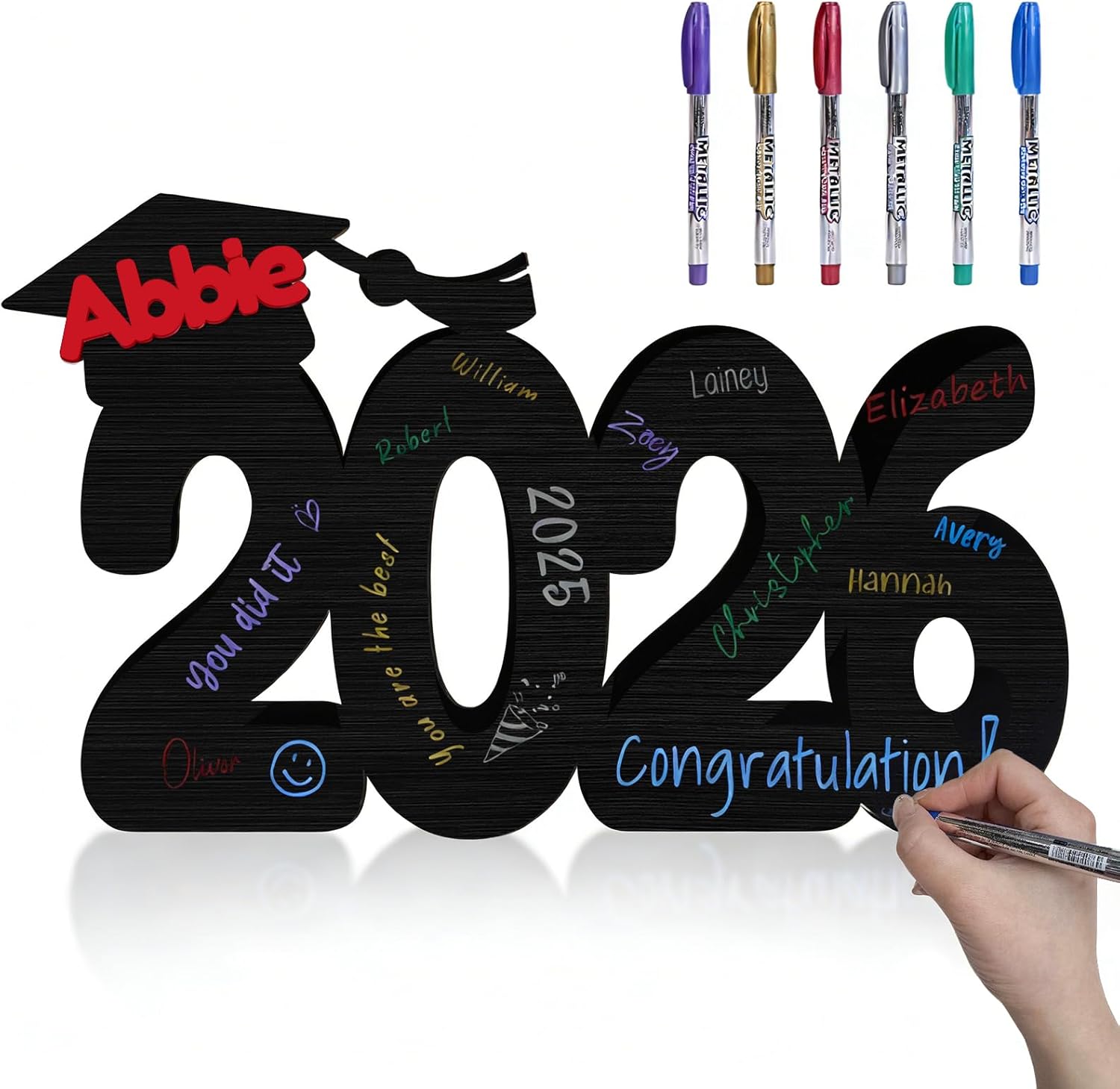 Personalized Graduation Sign Props - Custom Wood Signature Board with Acrylic Nameplate & 5 Markers for ​Class of 2025 Graduation Party Decorations