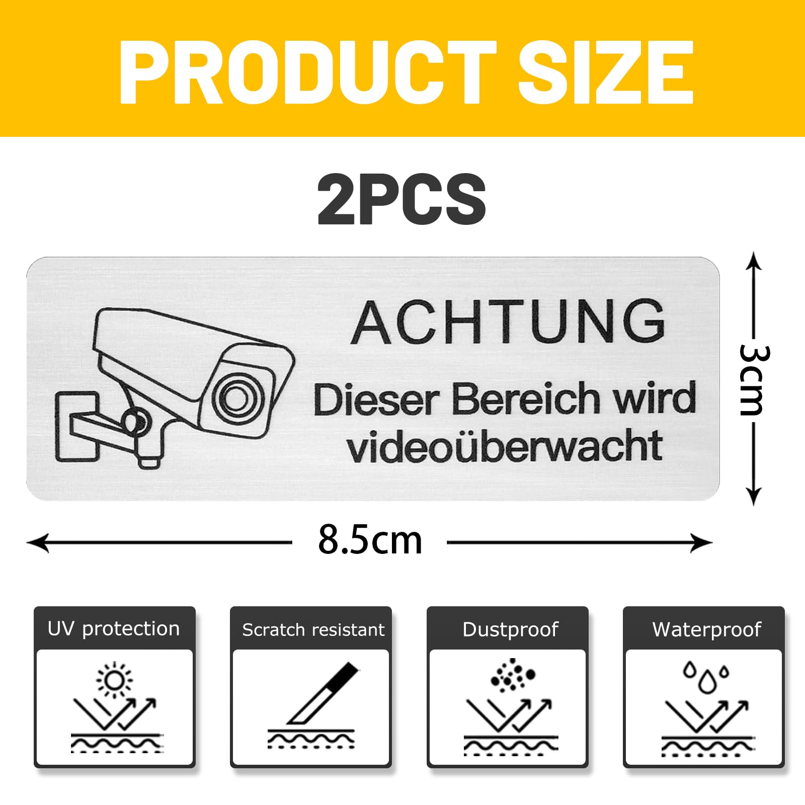 6 Stück Videoüberwachungsschilder Selbstklebend – Aluminium, 8,5x3 Cm, UV-beständig, Für Innen & Außen