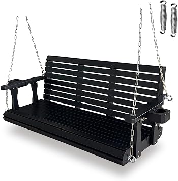 Wooden Porch Swing 2-Seater, Bench Swing with Cupholders, Hanging Chains and 7mm Springs, Heavy Duty 800 LBS, for Outdoor Patio Garden Iron Black, 5 FT Extra Large