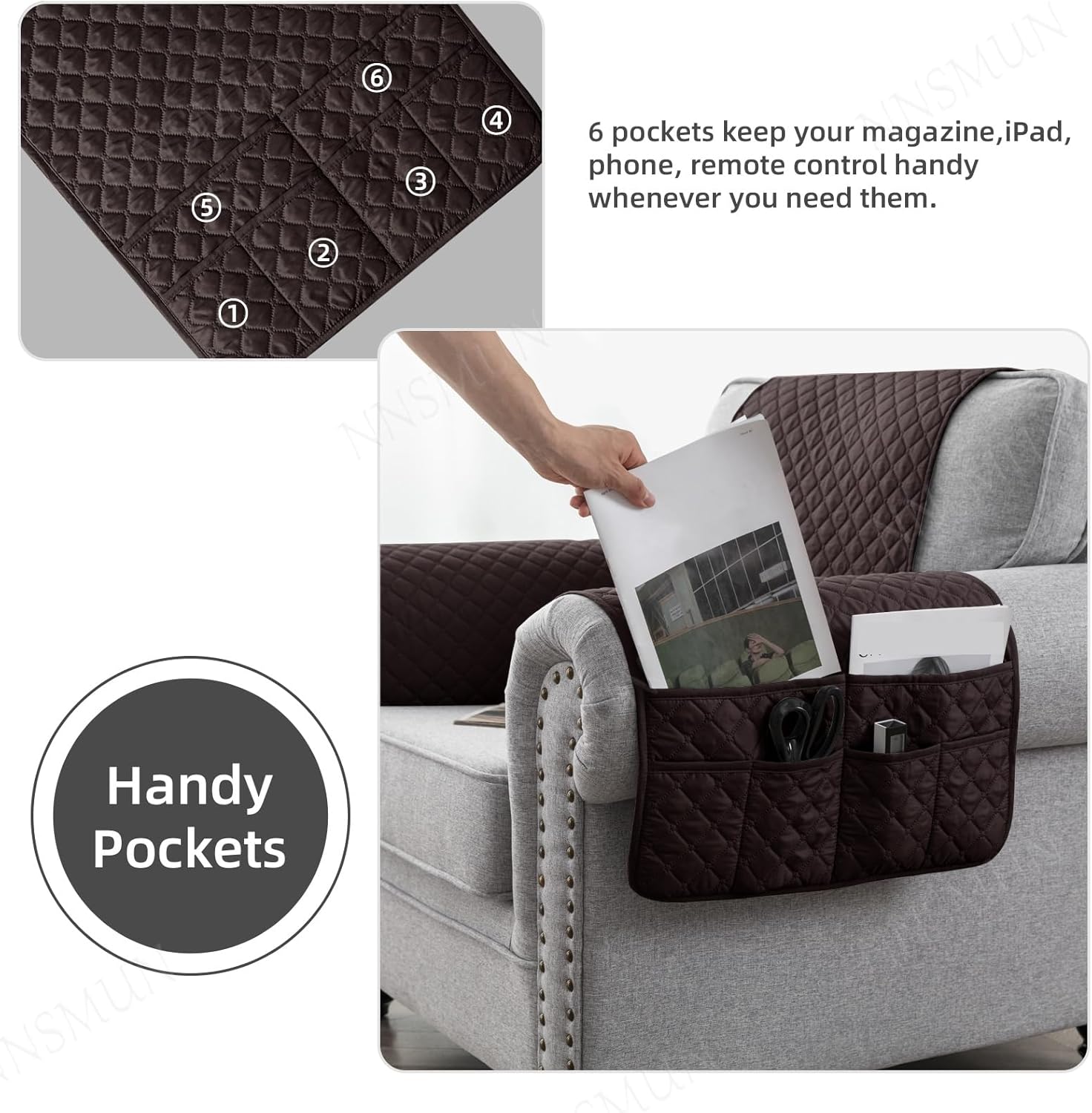 Sofa Armrest Cover, Headrest Cover for Recliner Chair Arm Cover, Armchair Slipcover Non Slip Quilted Furniture Protector for Sofa Recliner Armchair Cats Dogs (Dark Brown,3 Seater(5pcs))