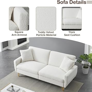 74.41 Inch Teddy Velvet Sofa Bed with Individual Adjustable Backrest and Storage Function Futon Sofa Bed for Living Room Parking Room Office White