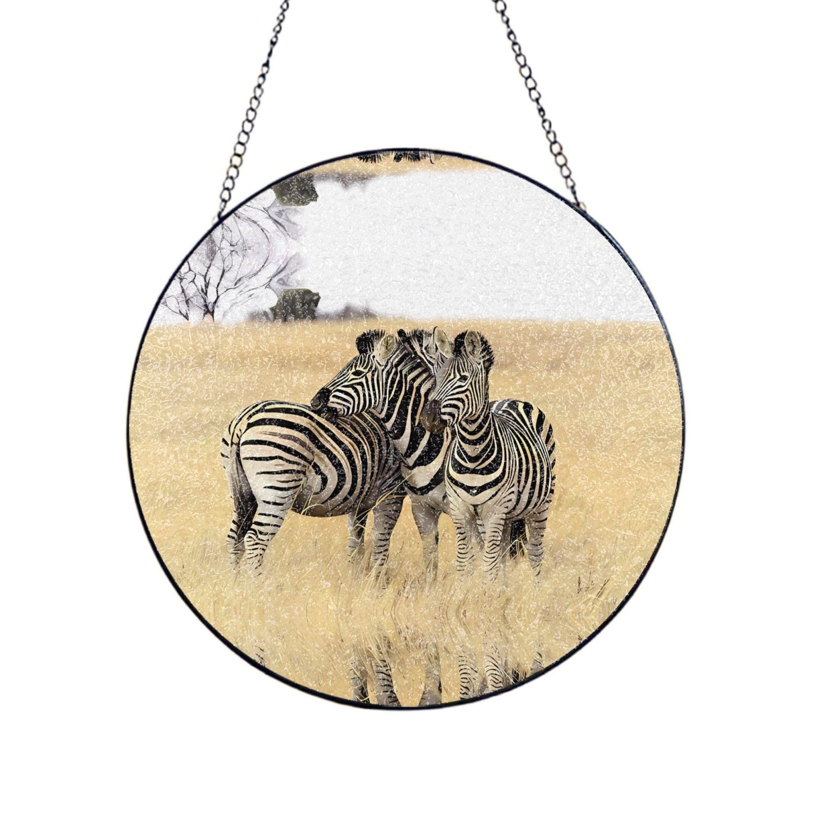 Phayah Zebras On South Africa Print Glass Window Hanging Round Suncatcher Glass Ornament Garden Wall Fence Decorations Indoor Outdoor 8in（20cm）